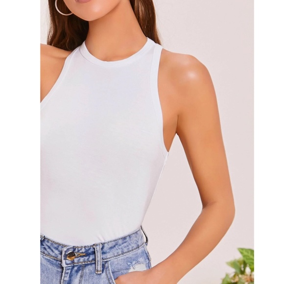 White Tank Top Racerback Round Neck Slim Fit Stretchy Basic - Picture 5 of 7